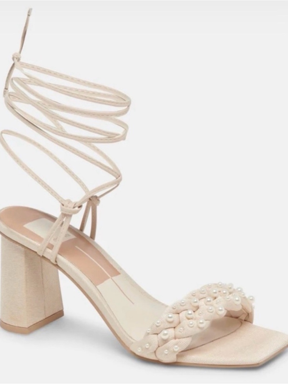 Dolce Vita Cream Braided Pearl Ankle-Wrap Block Heel Sandal